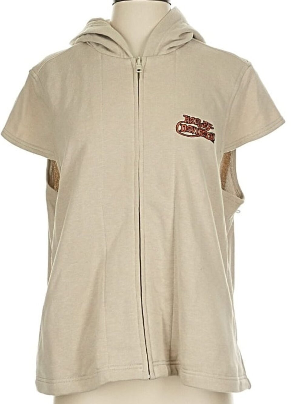 1W Harley Davidson Hoodie Zip Up Pockets Short Cap Sleeveless Vintage Beige Tan